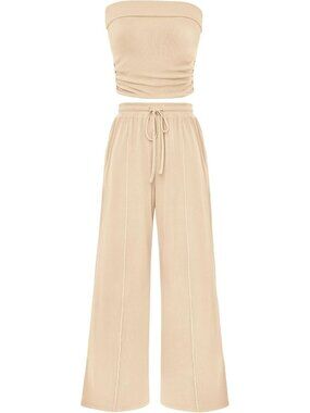 Womens Summer Outfits 2 Piece Sets Casual Ribbed Knit Crop Tube Top Wide Leg Pan